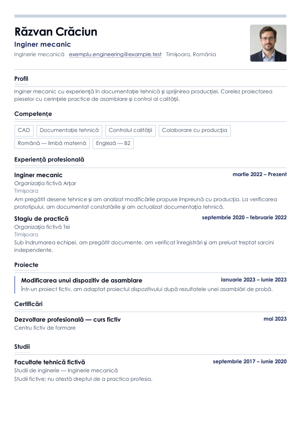 Exemplu de CV cu modelul Engineering