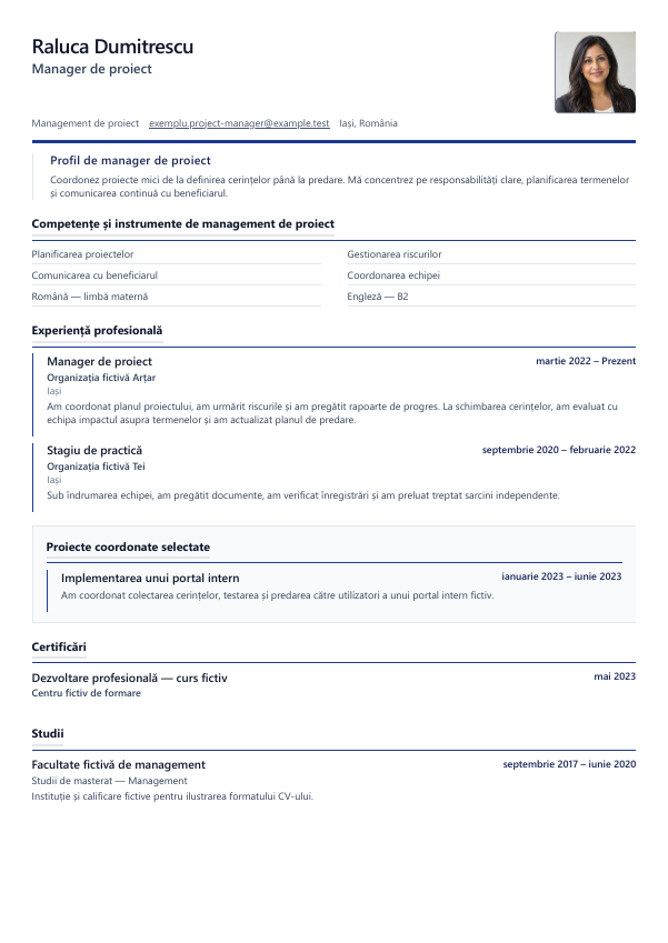 Exemplu de CV cu modelul Manager de proiect