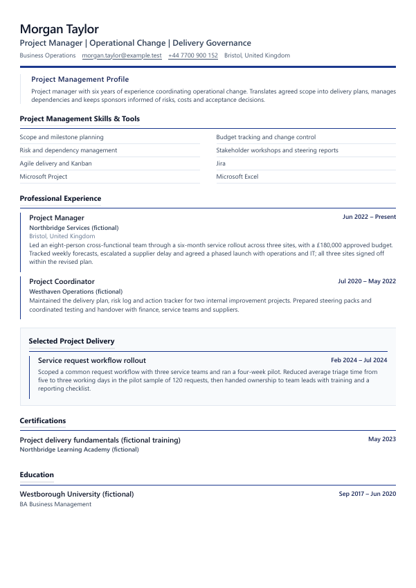 Project Manager CV template example