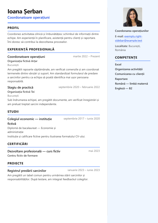 Exemplu de CV cu modelul Right Sidebar