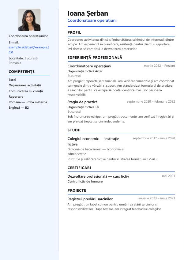 Exemplu: Model de CV Sidebar pe două coloane