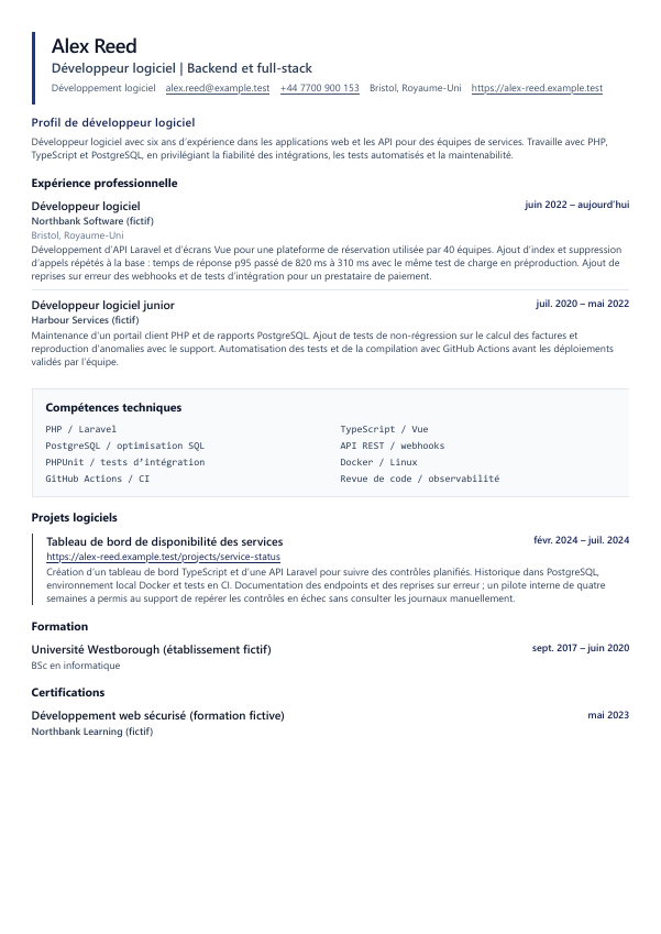 Aperçu du modèle Premium de CV Développeur logiciel LadderReady