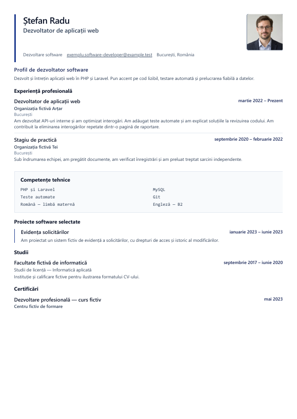 Exemplu de CV cu modelul Software Developer
