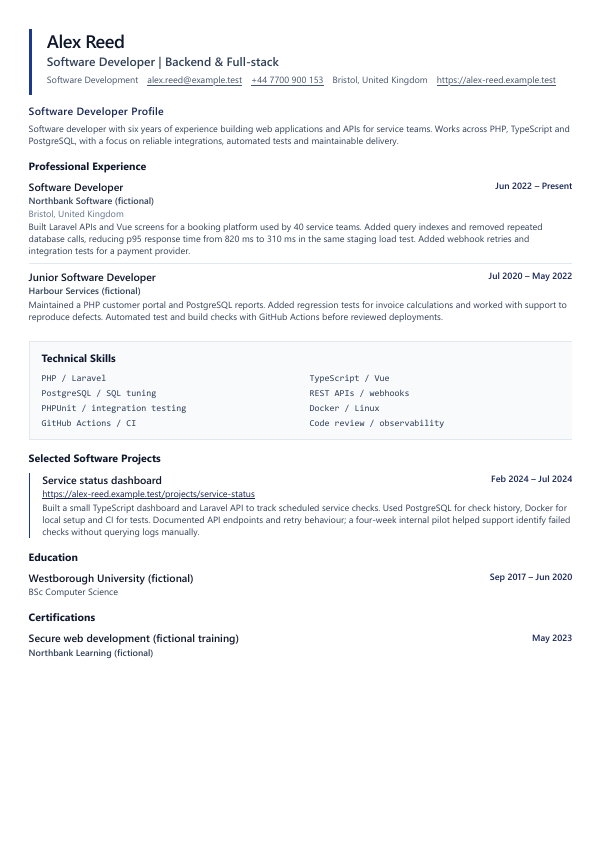 Software Developer CV Template example