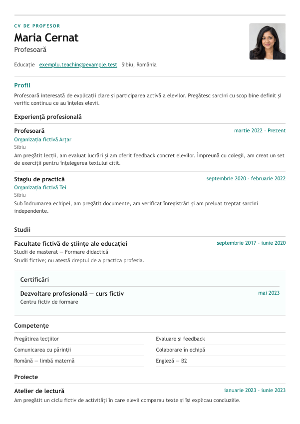 Exemplu de CV cu modelul Teaching