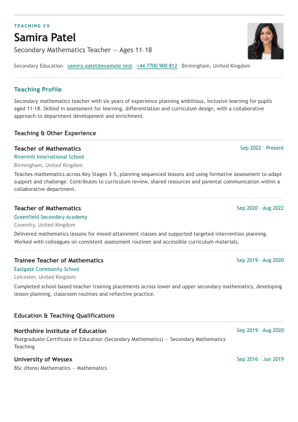 Teaching CV template example
